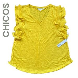 NEW ! CHICO'S Mustard Yellow Linen Ruffled Sleeveless Top - sz 12 (chicos 2)